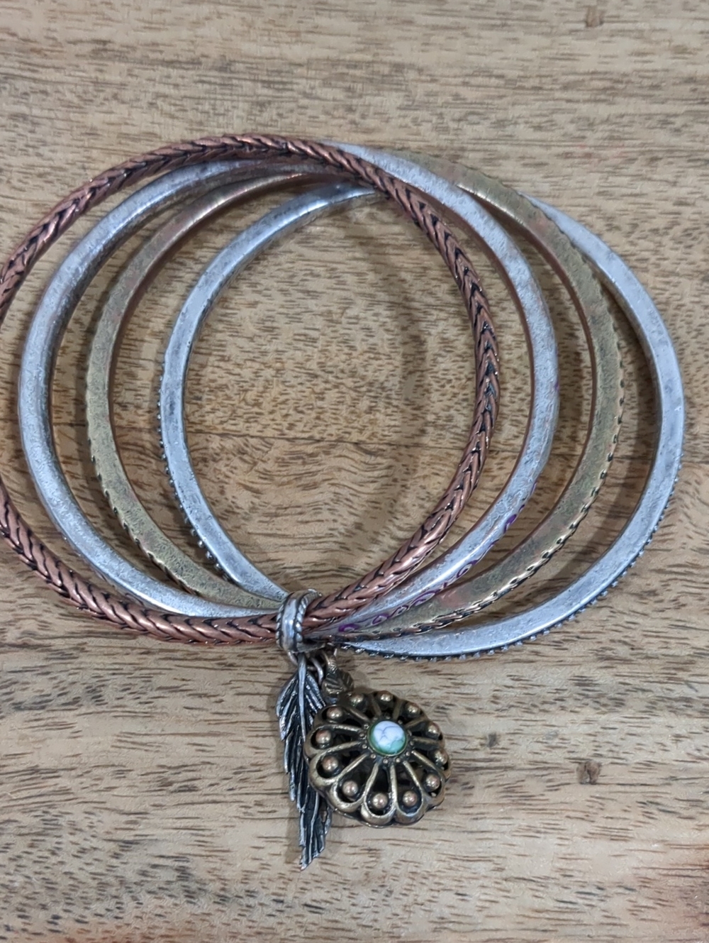 LUCKY BRAND Mixed Metal Floral Charm Bangle Set - Gold & Silver